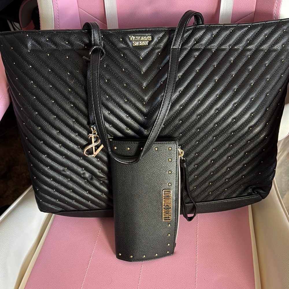 Victoria's Secret Black Quilted Tote and Wallet Set